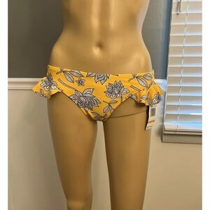 NWT California Waves Womens Bikini Bottom Small Yellow Floral With Ruffles